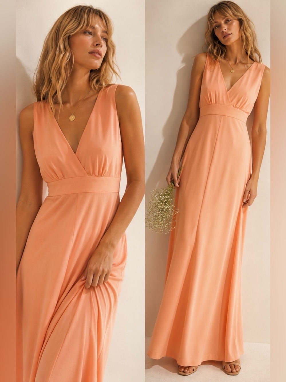 Vintage 1970s ILGWU Peach Empire Waist Goddess Maxi Dress VTG 14 Modern M